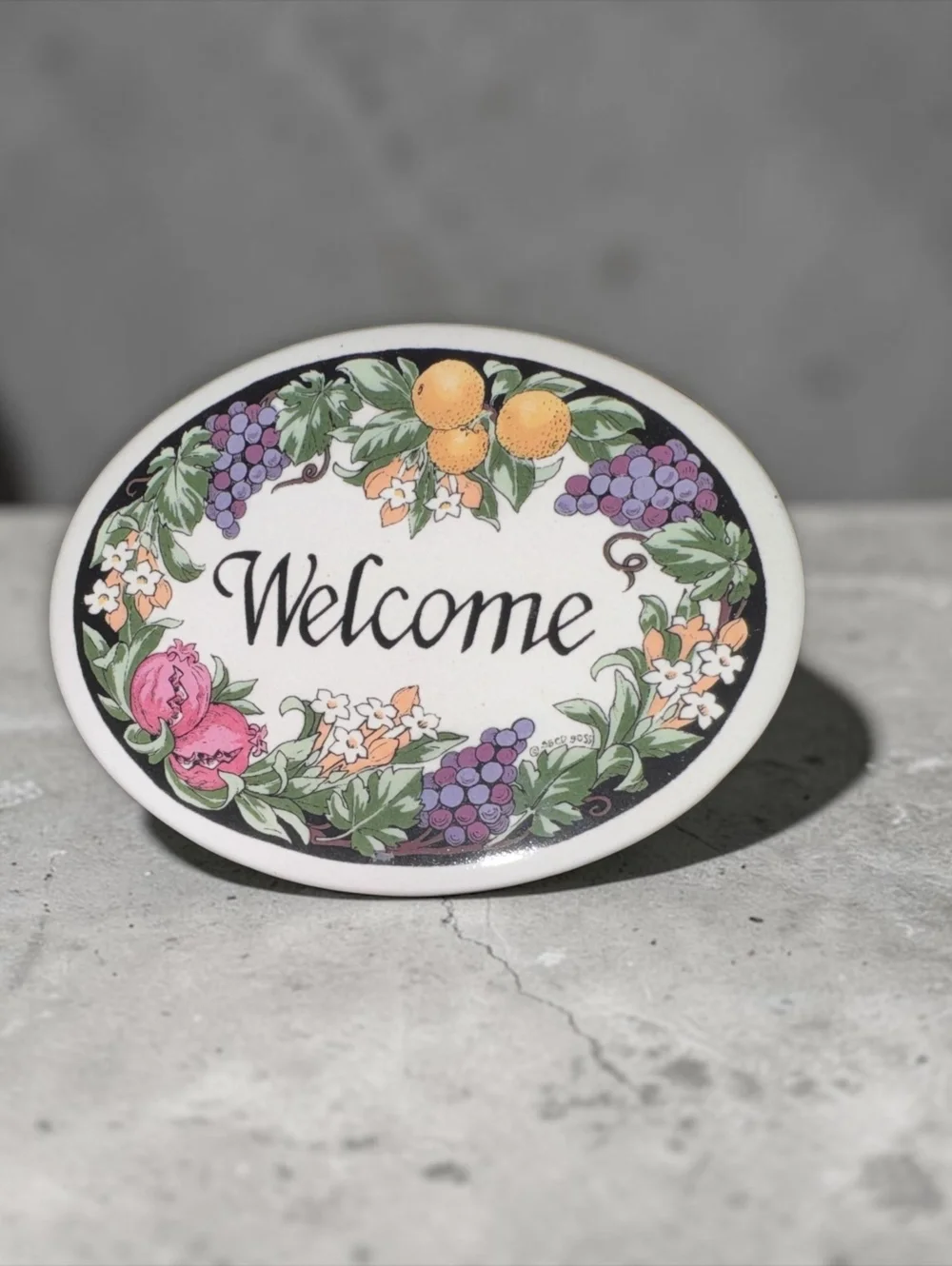 Vintage 1999 Santa Barbara Ceramic Design Welcome Plaque Fruit Floral Wall Decor